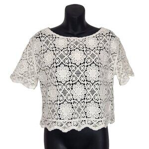 Sundance Crocheted Cropped Top XS White‎ Short Sleeve Cotton Cottagecore